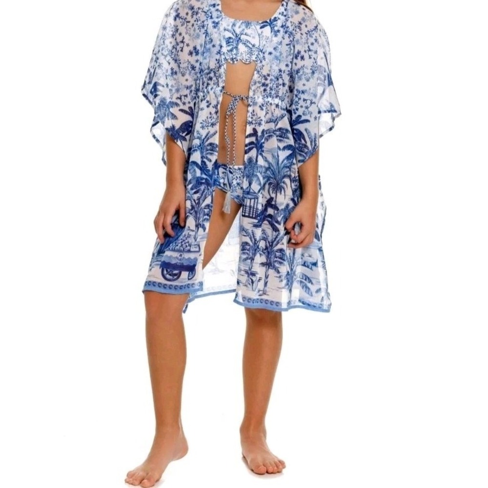 New Agua Bendita Luciana Tales Blue White Tropical Toile Tunic Cover-Up Kids 10